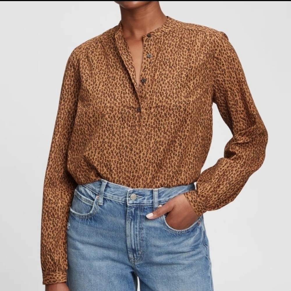 Gap Shirred Popover Boho Leopard Print Shirt Size M